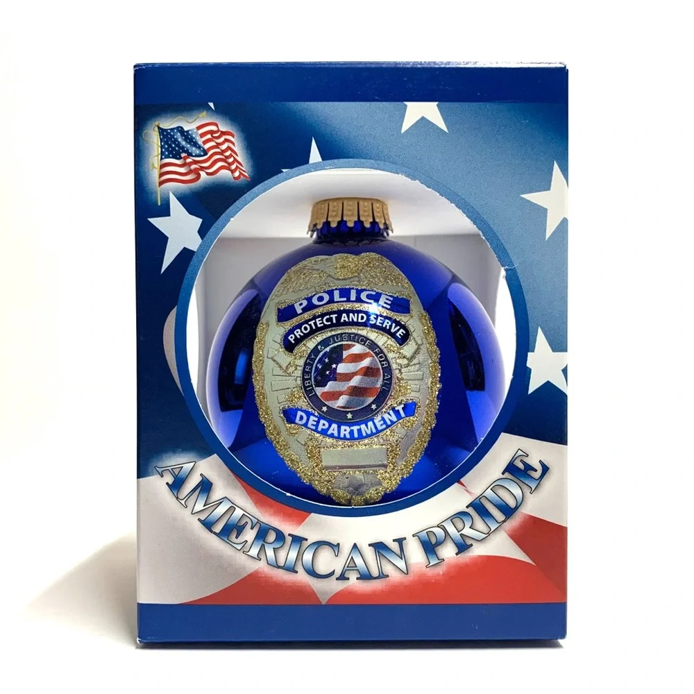 Police Badge Christmas Ornament Protect & Serve Blue Glass Patriotic NIB